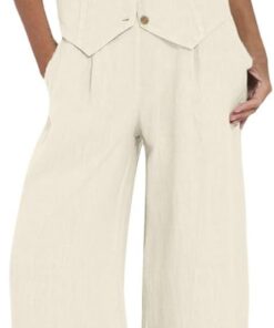 Conjunto De 2 Piezas para Mujer Trajes Informales AlgodóN Mujer Chaleco Cuello En V Sin Mangas con Botones Camisa Pantalones Rectos Pierna Ancha con Bolsillos Conjunto Lino Verano Regalos