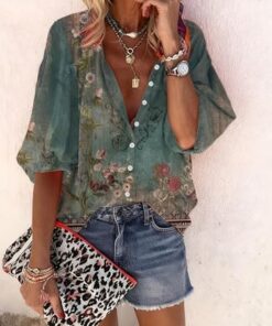 Camisa de manga 3/4 con estampado floral étnico bohemio para mujer, estilo informal, cuello redondo