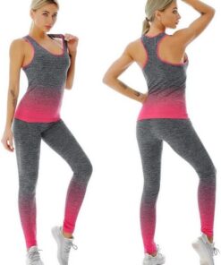 Conjunto de 2 piezas de entrenamiento para mujer, conjunto de gimnasio sin costuras, acanalado, casual, cómodo, chaleco de cintura alta, conjunto de leggings de cintura alta, ropa deportiva