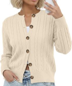 GRECERELLE Cárdigan suave de manga larga para mujer, cuello redondo, informal, con botones, para mujer, para otoño e invierno