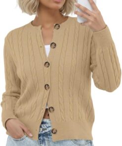 GRECERELLE Cárdigan suave de manga larga para mujer, cuello redondo, informal, con botones, para mujer, para otoño e invierno