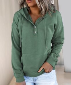 Sudadera con capucha y cuello de botón para mujer, camiseta de manga larga con cordón, comodidad casual