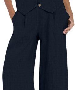 Conjuntos de Lino para Mujer, 2 Piezas, Blazer para Mujer, Trajes Formales de algodón y Lino, sin Mangas, Traje de Negocios, Chaleco con Cuello en V y Pantalones de Pierna Ancha, Conjunto Casual