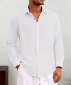Camisas casuales de lino para hombre, de manga larga, cuello y botones, para playa, ropa de moda para otoño e invierno