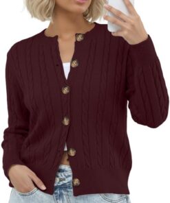 GRECERELLE Cárdigan suave de manga larga para mujer, cuello redondo, informal, con botones, para mujer, para otoño e invierno