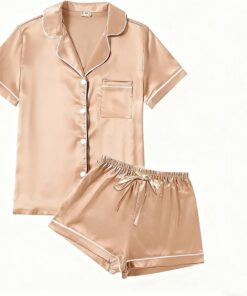 Pijama de manga corta para mujer, ropa de dormir suave con botones, ropa de descanso de satén de 2 piezas