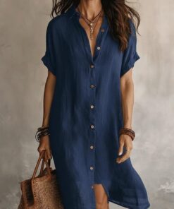 Vestido de verano casual de algodón para mujer, holgado, cuello en V, botones, manga corta, vestido de playa con bolsillos