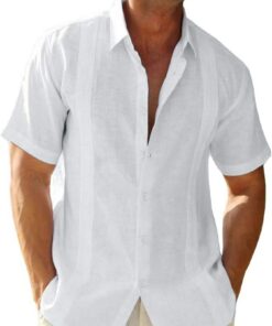 Camisa guayabera de manga corta para hombre, de lino, algodón, estilo hippie, playa, con botones