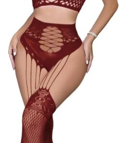 Conjunto de lencería para mujer, sexy, de dos piezas, de malla hueca, ombliguera y medias altas hasta el muslo, conjunto de stripper