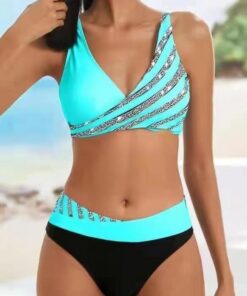 Conjunto de bikini con escote en V profundo para mujer, traje de baño de dos piezas de cintura alta, bloque de color, traje de baño
