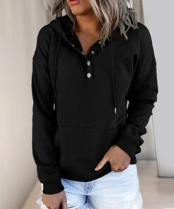 Sudadera con capucha y cuello de botón para mujer, camiseta de manga larga con cordón, comodidad casual