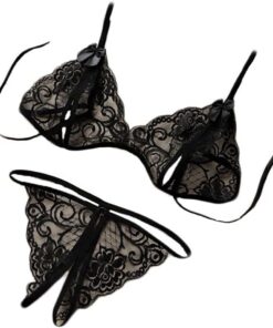 Conjunto de bikini con tanga de micro triángulo, lencería de cuello halter transparente, luna de miel sexy para mujer, Negro-00, Talla única