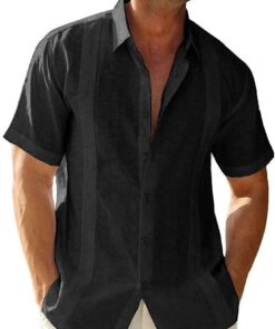 Camisa guayabera de manga corta para hombre, de lino, algodón, estilo hippie, playa, con botones