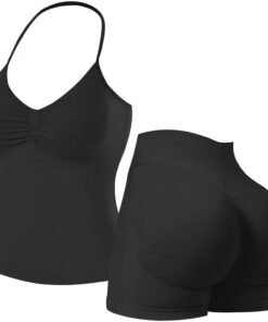 Conjunto de gimnasio sin costuras para mujer, 2 piezas, top corto halter, brasier deportivo, pantalones cortos ocultos, trajes de yoga, ropa deportiva