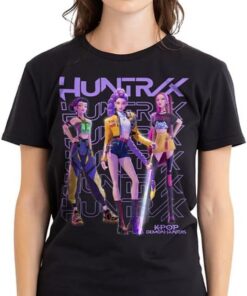 KPOP Demon Hunters KPOP Demon Hunters Huntrix Huntrx Golden Trio Pose Ladies T Shirt, Black Camisa Mujer (Pack de 1)