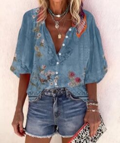 Camisa de manga 3/4 con estampado floral étnico bohemio para mujer, estilo informal, cuello redondo