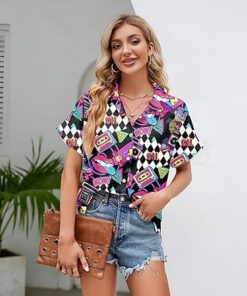 Camisa hawaiana de los años 80 y 90 para mujer, estilo retro, fiesta, discoteca, neón, ropa de los años 80, blusas con botones