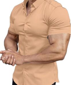 Camisa de vestir para hombre de corte atlético ajustado, realza la musculatura, manga corta, elástica, estilo informal, con botones