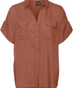 Camisa de Mujer de Manga Corta a Rayas con Bolsillos en el Pecho y Botones