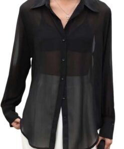 Arssm Blusa transparente para mujer, con botones, manga larga, sexi, transparente, de malla