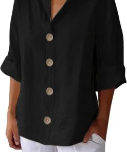 Camisa de Algodón y Lino con Botones para Mujer Verano Color Sólido Blusa Suelta de Manga 3/4 con Cuello en V Camiseta Elegante Tops Talla Grande tee Shirt Camisas Informal
