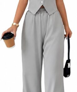 Conjunto de 2 piezas para mujer, chaleco tipo blazer con bolsillos, pantalón de pierna ancha, conjunto a juego, atuendo casual de verano, trajes de viaje