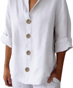 Camisa de Algodón y Lino con Botones para Mujer Verano Color Sólido Blusa Suelta de Manga 3/4 con Cuello en V Camiseta Elegante Tops Talla Grande tee Shirt Camisas Informal