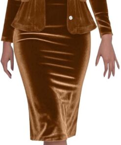 Traje de falda de terciopelo dorado para mujer, chaqueta de manga larga con cuello de solapa y falda de lápiz, chaquetas de traje casual ajustado y falda con abertura en la espalda, trajes de negocios