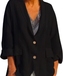Trajes y Blazers para Mujer, Chaqueta Mujeres Moda Color Sólido Frente Abierto Manga Larga Bolsillo Traje Blazers Botón Lino Abrigo Camisetas Tops Blusas para Mujer