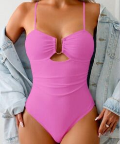 Traje de baño sexy de una pieza para mujer, color rosa intenso, monokini fruncido con anillo en U, traje de baño de corte alto con control de abdomen