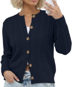 GRECERELLE Cárdigan suave de manga larga para mujer, cuello redondo, informal, con botones, para mujer, para otoño e invierno