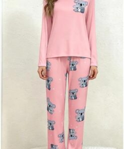 Conjunto de pijama de 2 piezas para mujer, manga larga, cuello redondo y pantalones a juego, ropa de dormir para el hogar, ropa de dormir estampada, bonito estilo acogedor, traje de