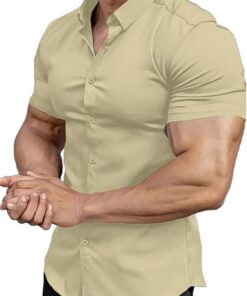 Camisa de vestir para hombre de corte atlético ajustado, realza la musculatura, manga corta, elástica, estilo informal, con botones