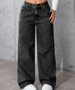Pantalones vaqueros de cintura alta y pierna ancha para mujer, elásticos, holgados, casuales, holgados, con bolsillos