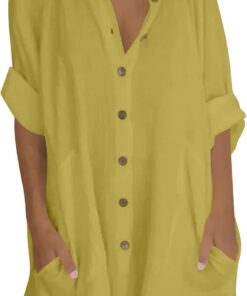 Camisas largas de manga 3/4 para mujer, estilo casual, holgadas, con botones, cuello alto, túnica con bolsillo, blusa ligera de lino y algodón para verano, para playa, tallas grandes, 22/24 en