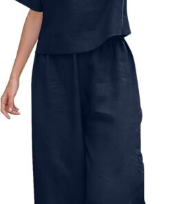Conjunto de 2 piezas para mujer, algodón y lino, manga corta, cuello redondo, pantalones de pierna ancha, ropa ligera para verano, playa, vacaciones