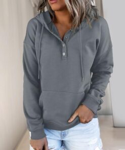 Sudadera con capucha y cuello de botón para mujer, camiseta de manga larga con cordón, comodidad casual