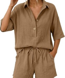 Genérico Conjuntos Mujer Verano Casual Dos Piezas Pantalon Cortos y Blusa Elegante Conjunto Lino Chándal Camisa Manga Corta Conjunto de Verano Ropa de Playa Chandal con Bolsillos
