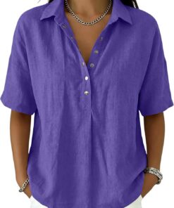 Blusa de lino y algodón para mujer, de verano, media manga, cuello en V, gasa, elegante, casual, para el verano