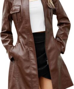 Generisch Chaqueta de cuero para mujer de longitud media con cinturón, manga larga, chaqueta cortavientos británica, abrigo de cuero