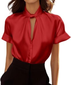 Blusas de satén para mujer, blusas de seda de manga corta, cuello alto falso, camisas de vestir informales para negocios, trabajo, oficina, 2026