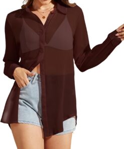 Arssm Blusa transparente para mujer, con botones, manga larga, sexi, transparente, de malla