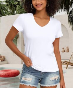 Camisetas de cuello en V para mujer, ajuste regular, suaves, de manga corta, paquete múltiple, uso casual y diario