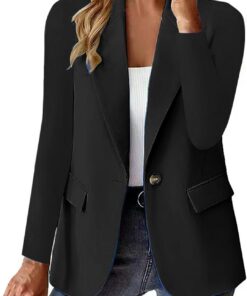 HUIFUAO - Blazer para mujer, cuello en V, talla grande, traje de trabajo, chaqueta elegante, manga larga, abrigos de otoño, 1 botón, solapa, Negro, XL