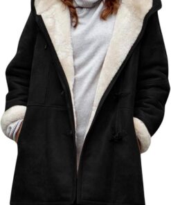 HUIFUAO - Chaquetas de gamuza con forro polar para mujer, talla grande, manga larga, botón de cuerno, con capucha, abrigo de invierno grueso y cálido, abrigo térmico suelto con bolsillos, Z02 Negro, M