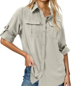 Camisas de manga larga con botones y solapa para mujer, color liso, casual, blusa tipo túnica, camisa de caza para mujer, camisa de caza al aire libre, de secado rápido, camisa de senderismo con
