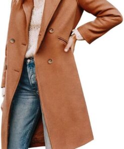 Cicy Bell Abrigo de invierno con cuello de solapa con muescas y doble botonadura para mujer, mezcla de lana, abrigos largos