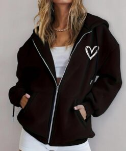 Sketch - Sudadera con capucha y cremallera con estampado de corazón, chaqueta de gran tamaño con bolsillo con cordón