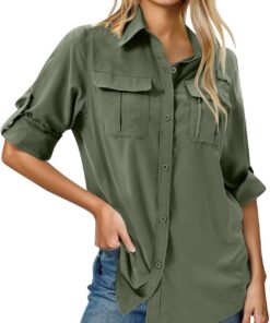 Camisas de manga larga con botones y solapa para mujer, color liso, casual, blusa tipo túnica, camisa de caza para mujer, camisa de caza al aire libre, de secado rápido, camisa de senderismo con