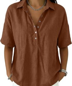 Blusa de lino y algodón para mujer, de verano, media manga, cuello en V, gasa, elegante, casual, para el verano